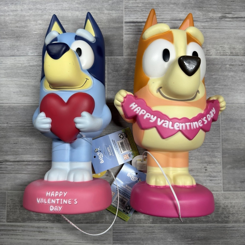 Set 2 Bluey &‎ Bingo Lighted Blow Mold 14" Valentine's Day with Cut Out Hearts